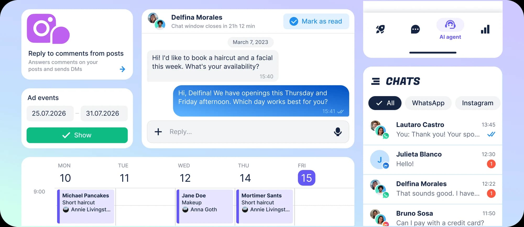 The app in one workspace: a comment-reply automation, an ad-events report, a week of bookings, an open chat thread and the inbox.