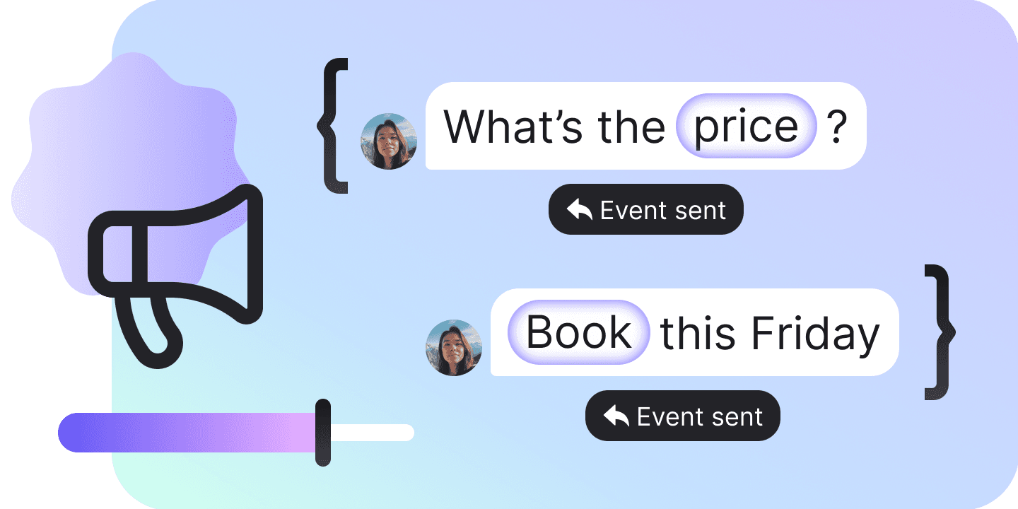 Two questions out of a chat — one about price, one booking a slot — each with the event that went back to the ad platform underneath it.