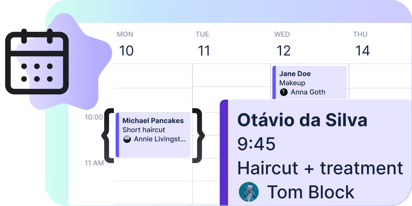 A week of the calendar: appointments across Monday and Wednesday, with one of them open — the customer, the time, the service and who is taking it.