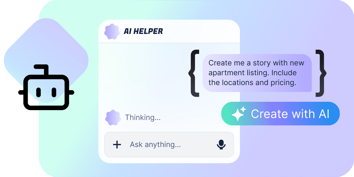 The AI helper inside the app: a request typed into it, the assistant thinking, and a Create with AI button beside it.