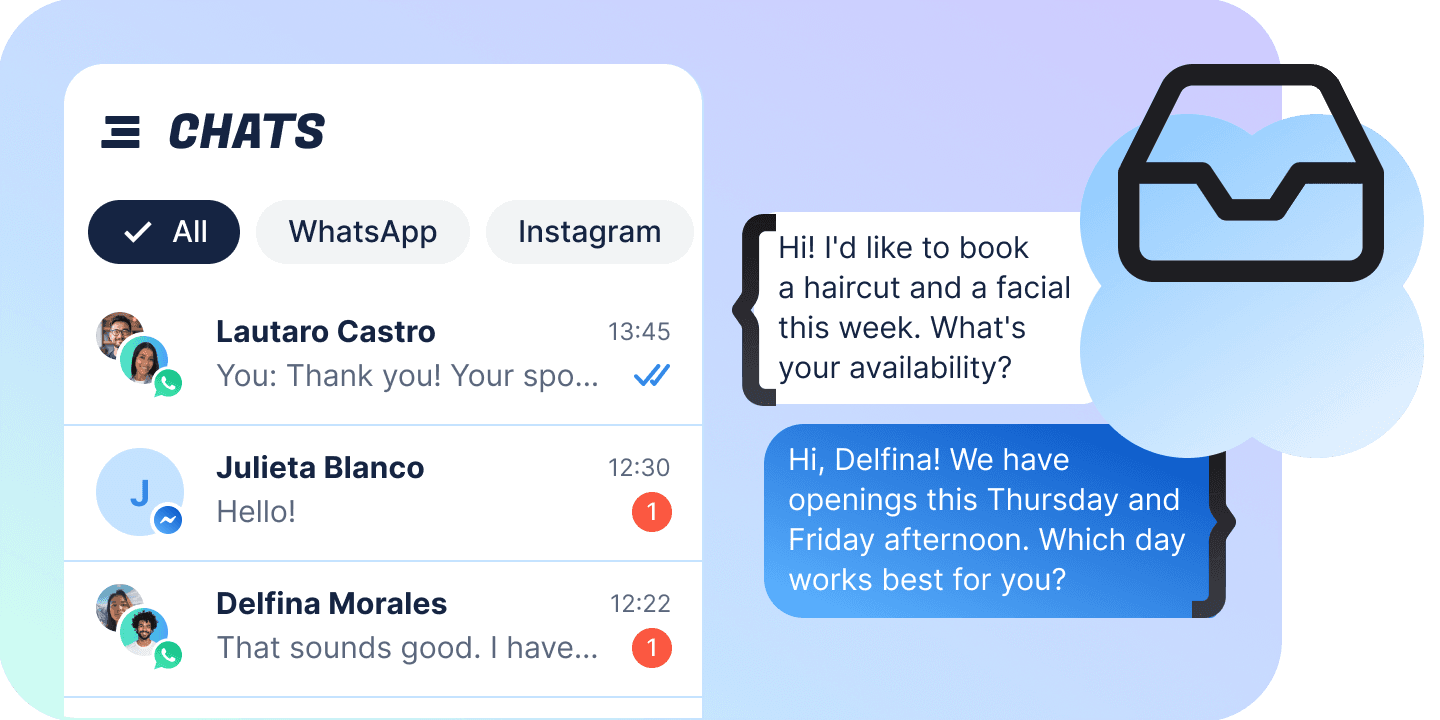 The inbox: one chat list filtered by channel, WhatsApp and Messenger conversations side by side, beside an open thread.